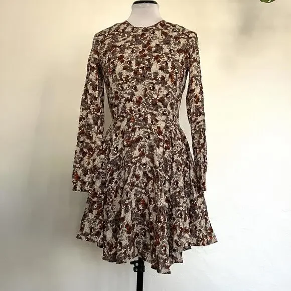 H&M Size 2 Floral Long Sleeve Fit & Flare Mini Dress Brown Orange Fall Summer - Picture 1 of 6